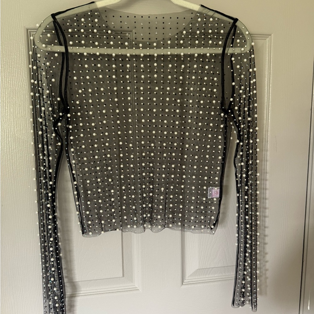 Pink Lily Black Sheer Blouse with Pearl Accents